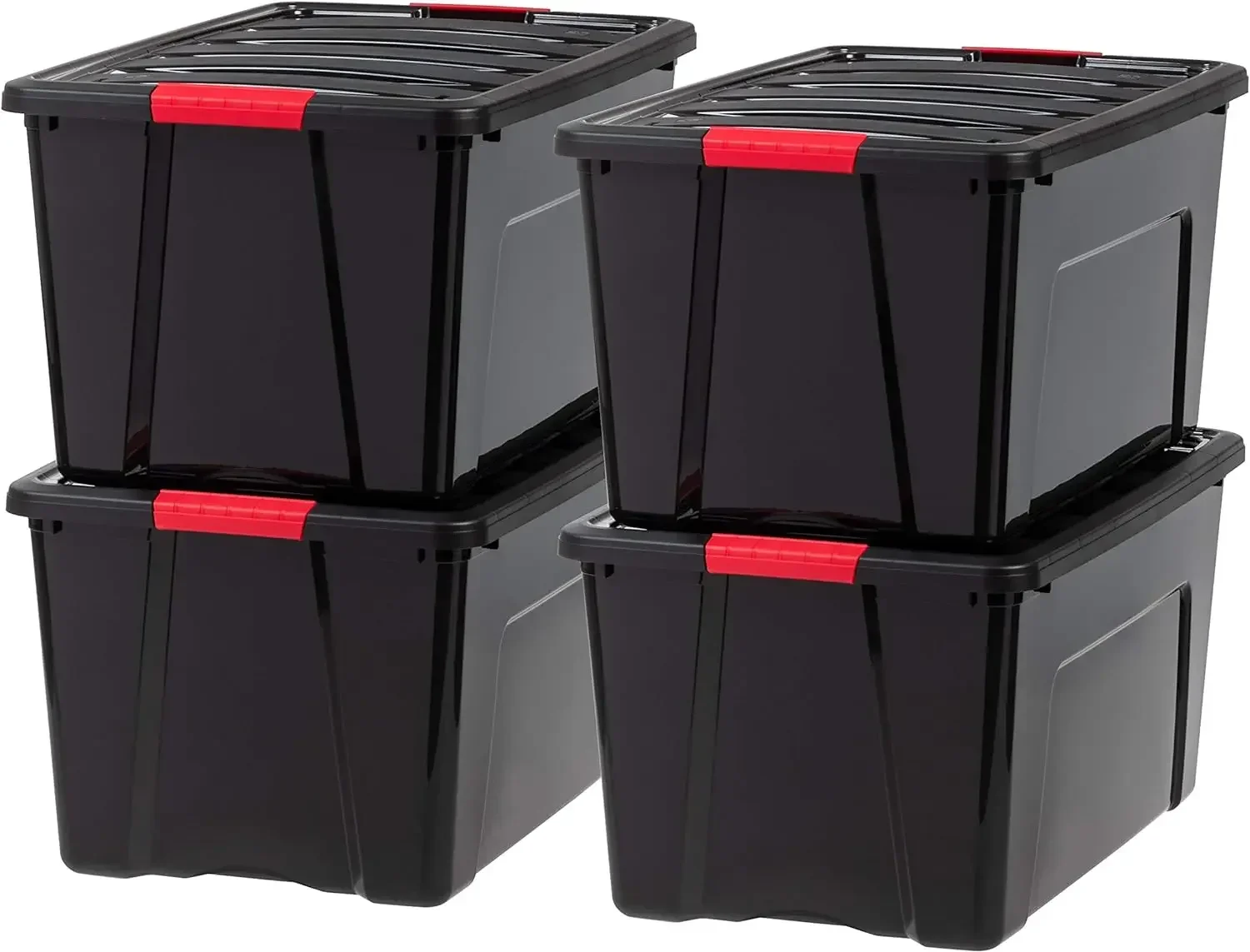 

72 Qt Stackable Plastic Storage Bins with Lids, 4 Pack Latches, Durable Nestable Containers, Secure Pull Handle - Black