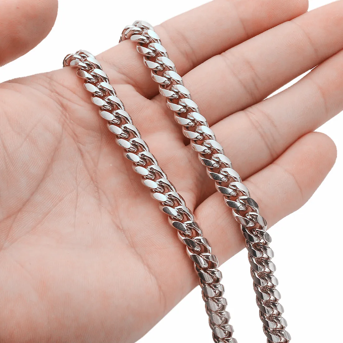 

8mm Any Length Hip Hop Silver Color 316L Stainless Steel Jewelry Crystal Lock Miami Cuban Link Chain Necklace For Men Women