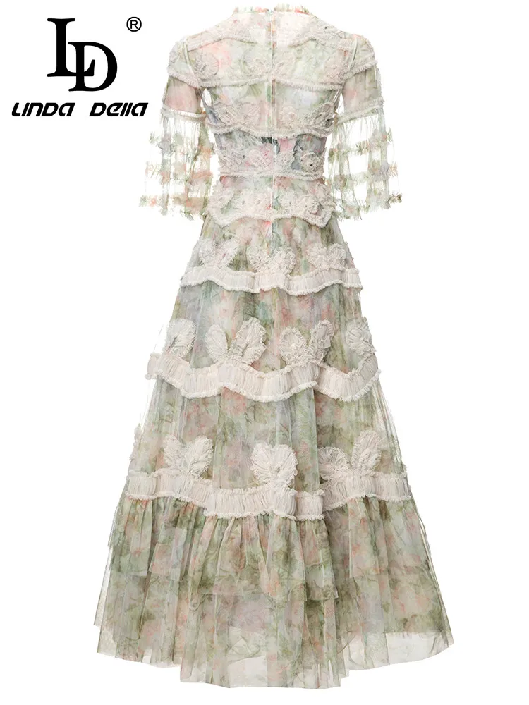 Imagem -02 - Linda Della Verão Moda Designer Vestido Feminino Flores Impressão Alargamento Manga Chiffon o Pescoço Malha Elegante Partty Midi Vestido ld