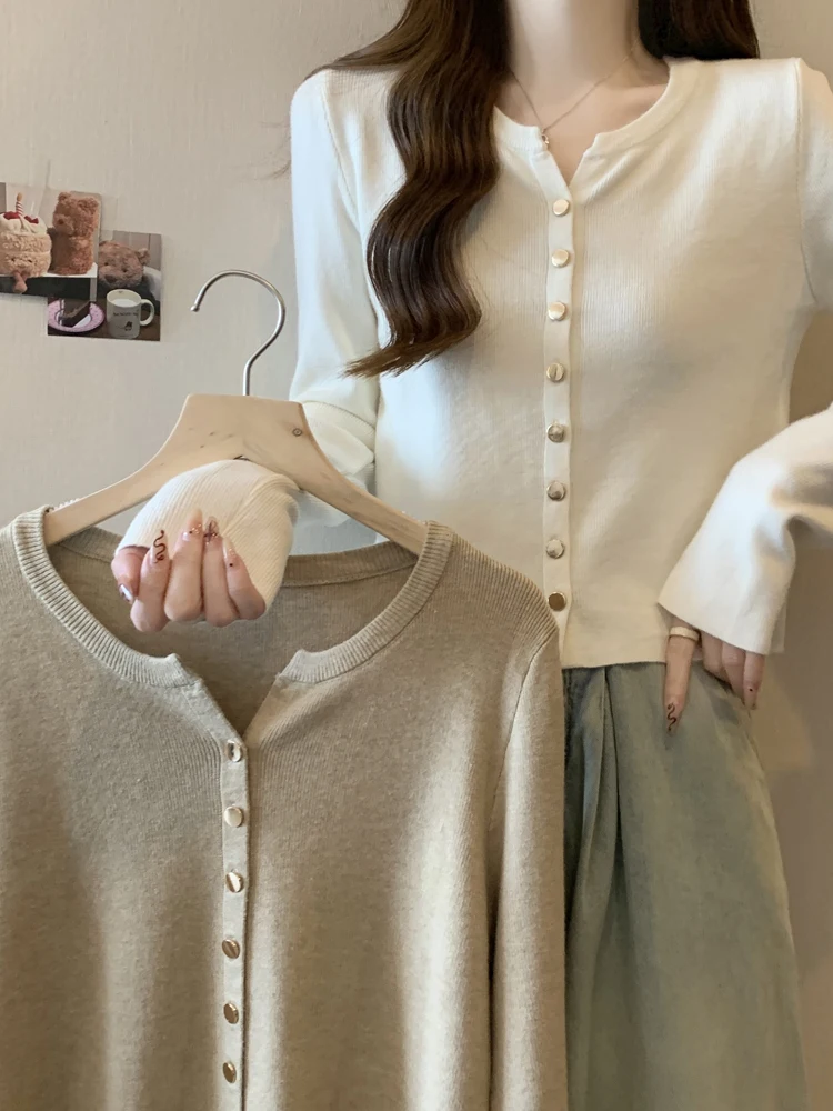 

2024Spring New Korean Minimalist Knitwear For's Women's Casual Versatile Half Open Collar Cardigan Button Long Sleeved Top Loose