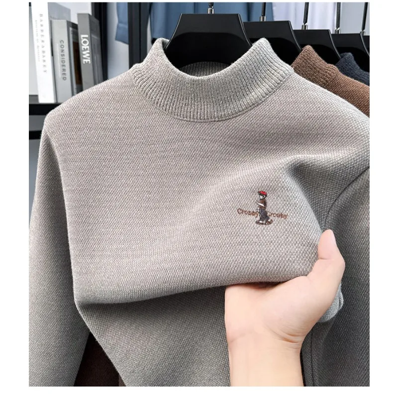 

Autumn/Winter Korean Fashion Men's Plush Thick Sweater Solid Color Embroidered Half High Neck Knitted Warm Sweater