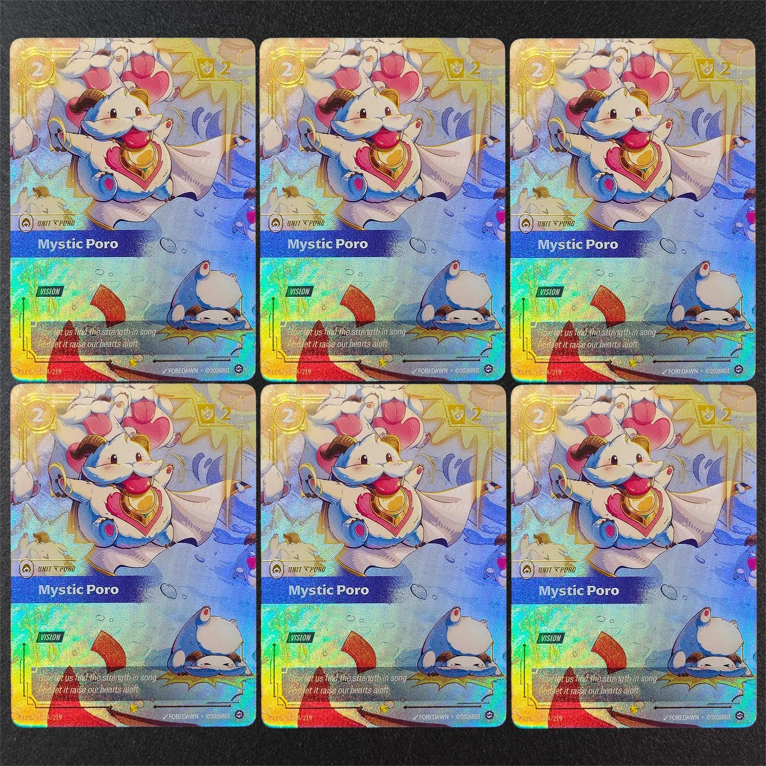 Tarjeta de Juego Proxy Riftbound UNL en Inglés, con Textura de Anime, de los personajes Plundering Veteran, Mystic, Lonely, Pouty, Daring y Poro