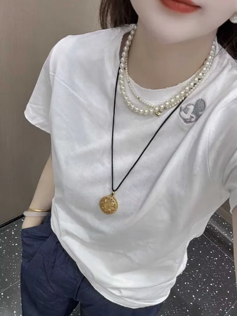 

Concise Streetwear 100% Cotton Mickey Embroidery Short Sleeved T-shirt for Women Summer New Loose Tops Aesthetic Clothes