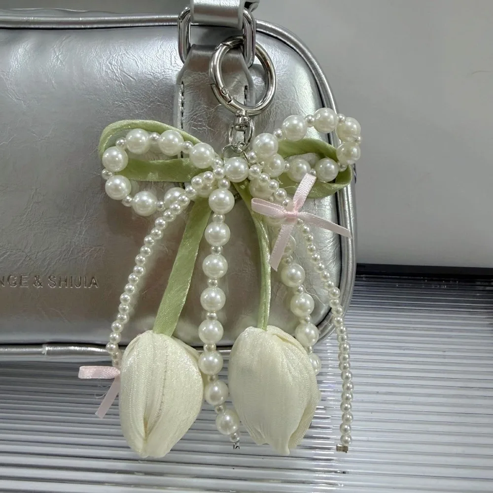 New Ribbon Pearl Tulip Ribbon Keychain Tulip DIY Mobile Phone Pendant Jewelry Style Pearl Bow Bag Accessories Mobile Phone Chain