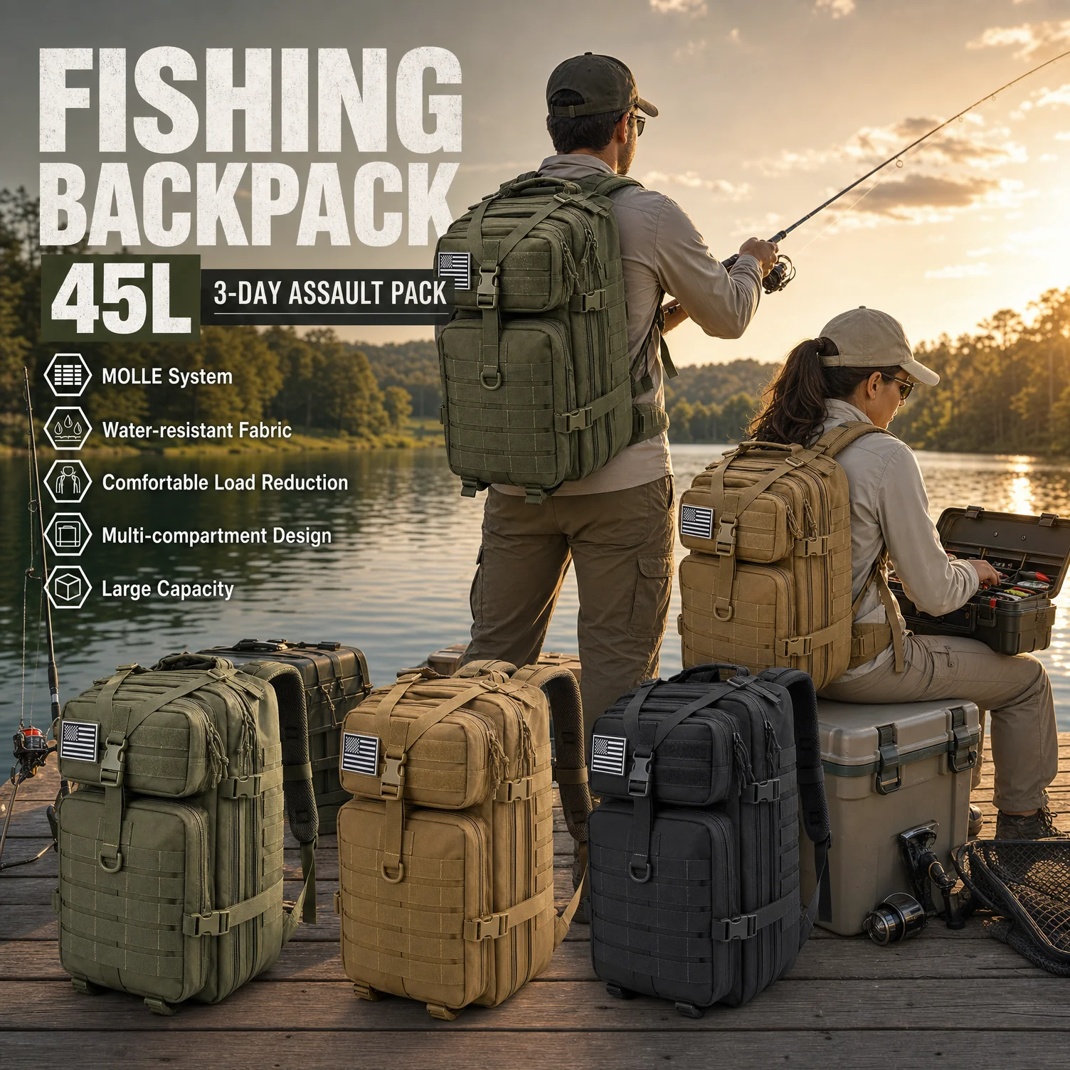 45L Tactical Fishing Backpack Molle Water Resistant Outdoor Tackle Bag Large Capacity Storage Camping Hiking Travel Rucksack Trekking Men Women Anglers Fishermen Rod Reel Gear Durable Multi Pocket Wear Resistant Lake River Sea Fishing Daypack Bushcraft