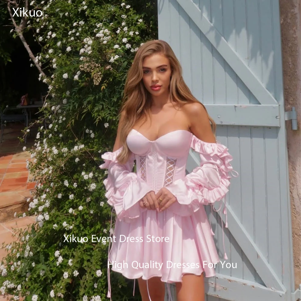 

Xikuo Glamorous Mini Satin Evening Dresses A Line Party Gowns Ruffled Long Sleeves Prom Dresses Vestidos De Fiesta Customized