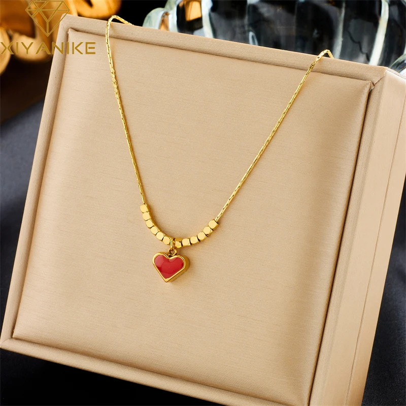 XIYANIKE 316L Stainless Steel Golden Beads Necklace Red Heart Pendant Charm Accessories for Women Fashion Jewelry Gifts Collier