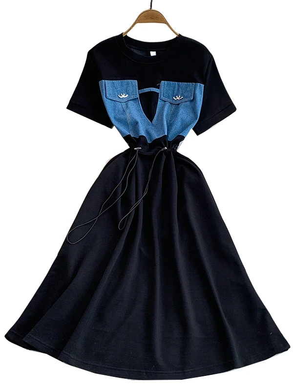 Coréen Sle rond Ne T-shirt Dr femmes taille haute Dstring minceur jupe longue décontracté trajet Patchwork été Dr