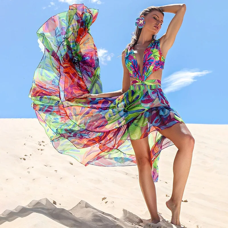 

One Piece Swimsuit For Women European And American Swimsuit Deep V Hollow Print One-piece Swimsuit Suit Women