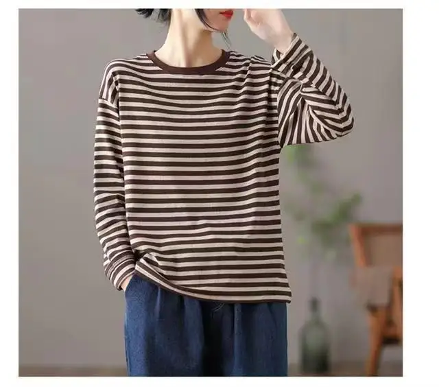 Cotton Striped T-shirt Women\'s Long Sleeved Top Loose Thin Small Shirt Versatile High-end T-shirt Base Shirt