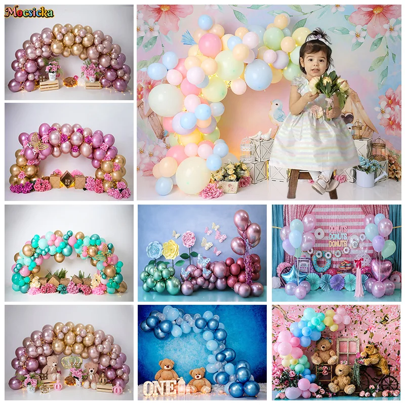 Mocsicka Baby Show Fotografie Achtergrond Jongens Meisjes Verjaardagsballonfeest Achtergrond Bloemendecor Cake Smash Foto Banner Studio