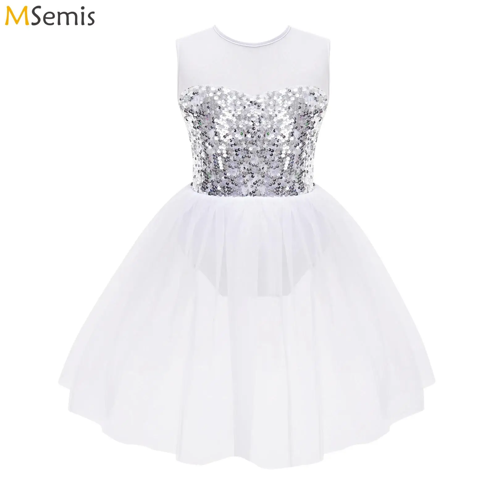 Shiny Sequins Ballet Lyrical Dance Dress for Kids Girls Gymnatics Ballerina Costume Adorned Bodice Open Back Mesh Ballet Dress