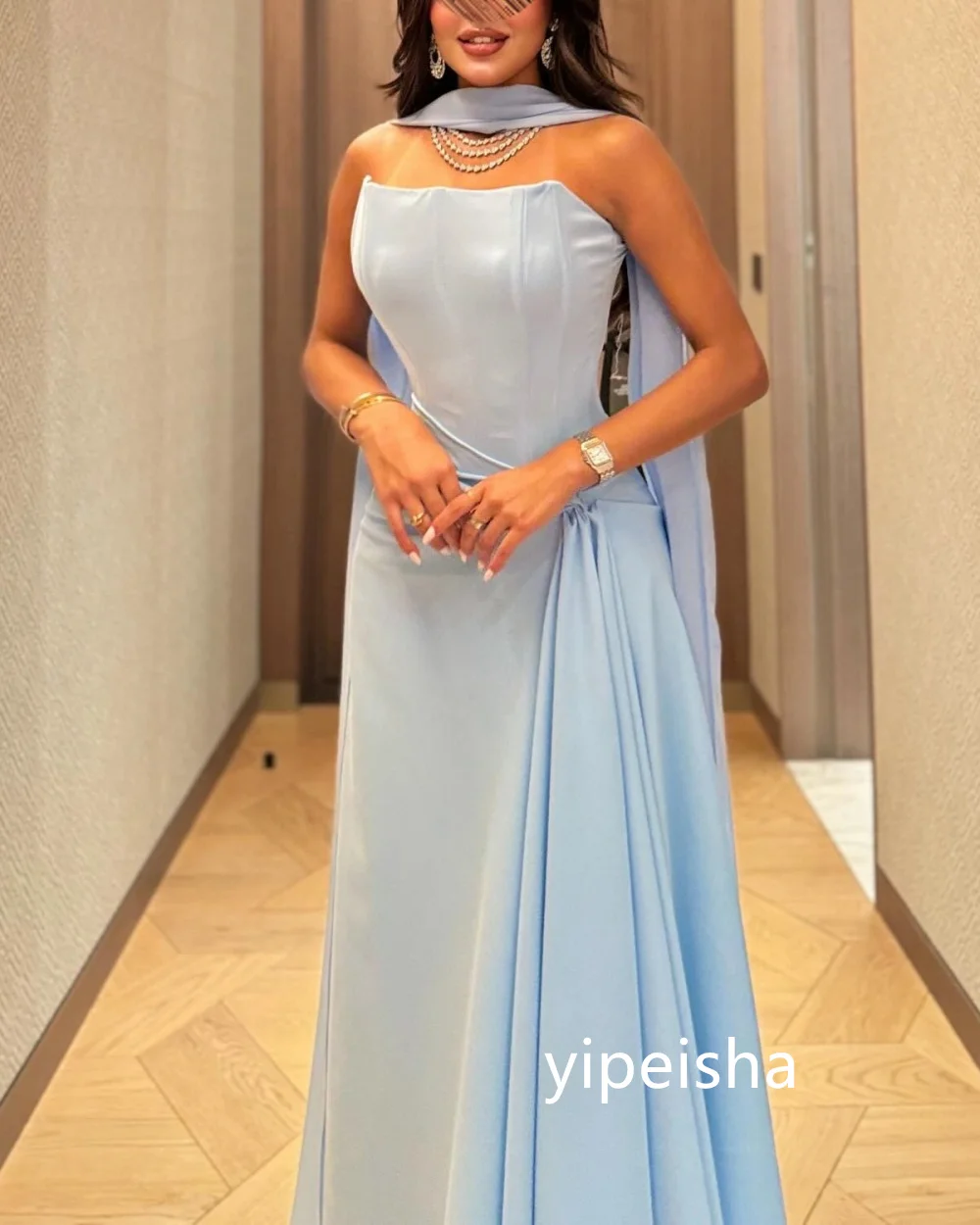 Customized Chinese Style Jersey Pleat Ruched A-line Strapless Long Dresses Prom Dresses Formal Casual Simple Retro Fashion Elega