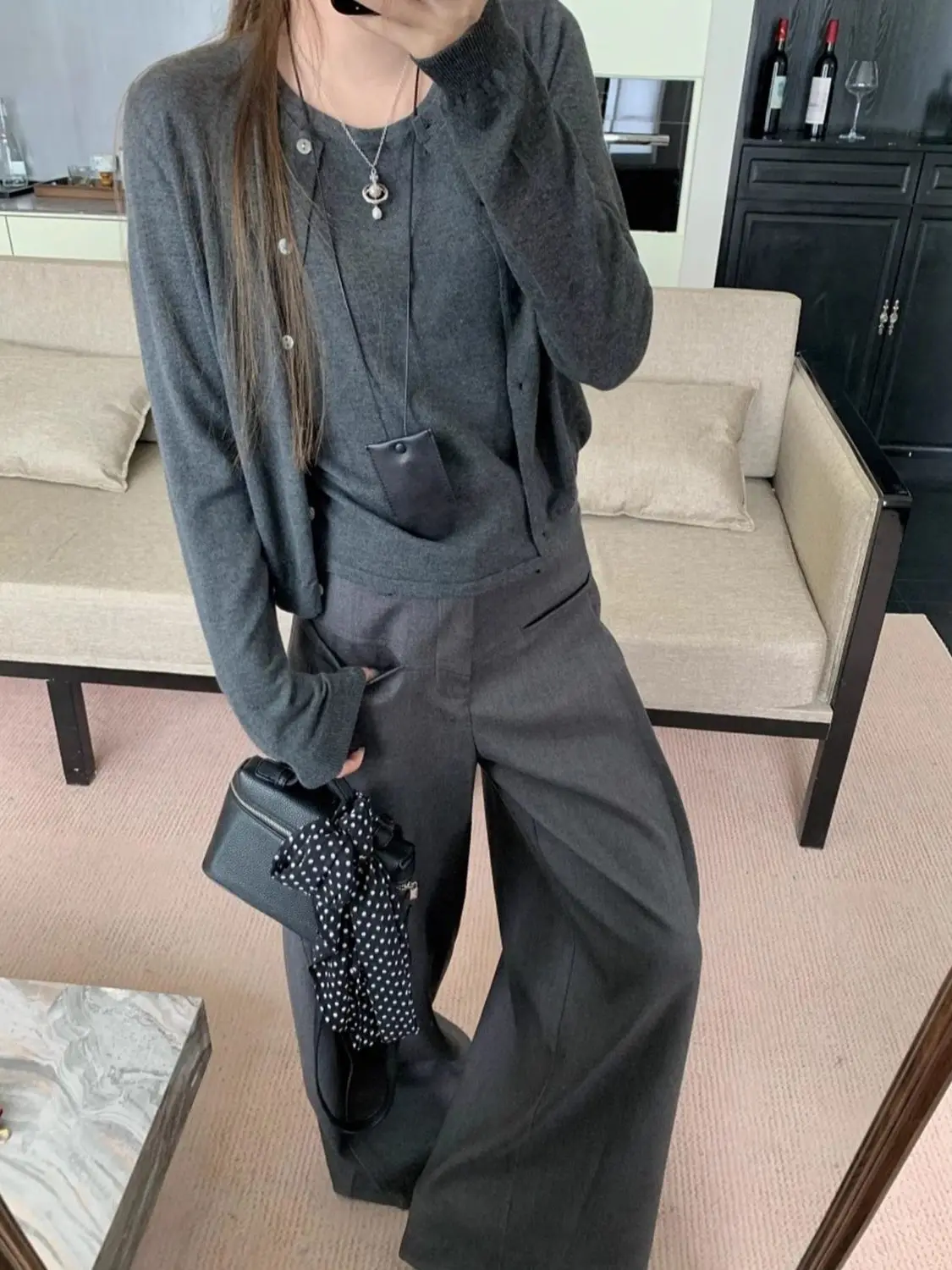 

Серые повседневные брюки для женщин, свободного кроя, струящиеся, с высокой талией, широкими штанинами, прямого силуэта, длинные, в пол