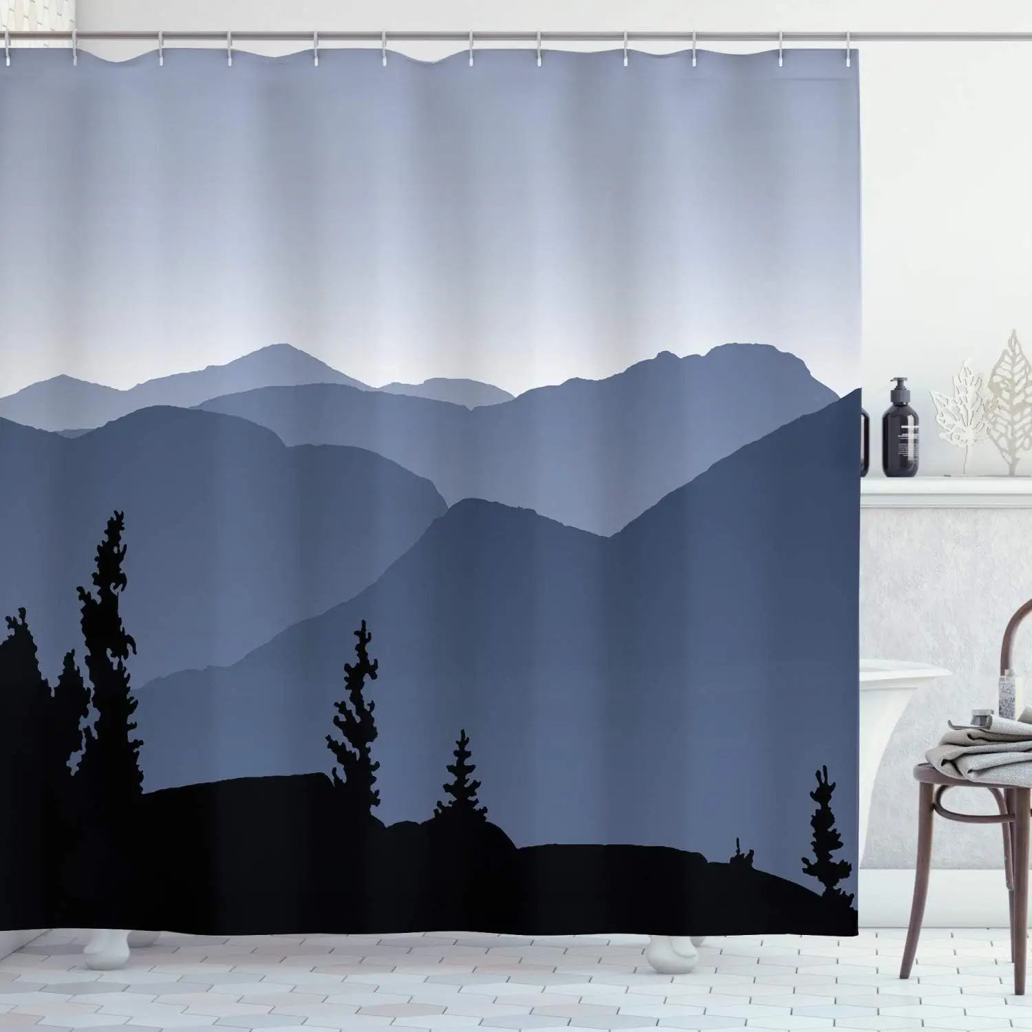 

Mountain Silhouette Shower Curtain Blue Gradient Landscape Pine Trees Nature Art Bath Decor Waterproof Fabric Minimalist Design