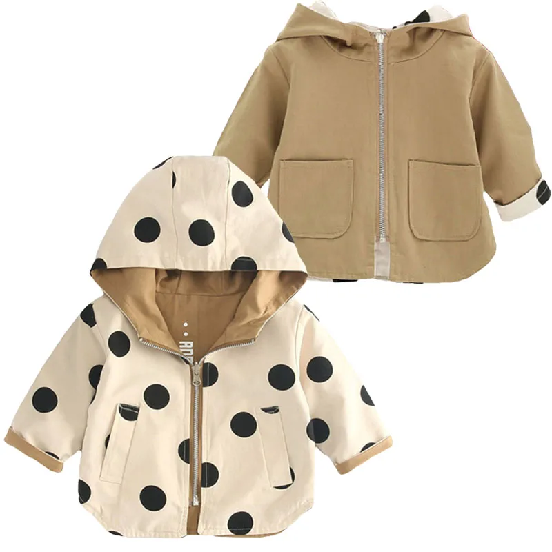 

Baby Jacket Girls Double Sided Outerwear Toddler Sport Coats Children Hooded Clothing Spring Autumn Boys Polka Dot Trench Coat