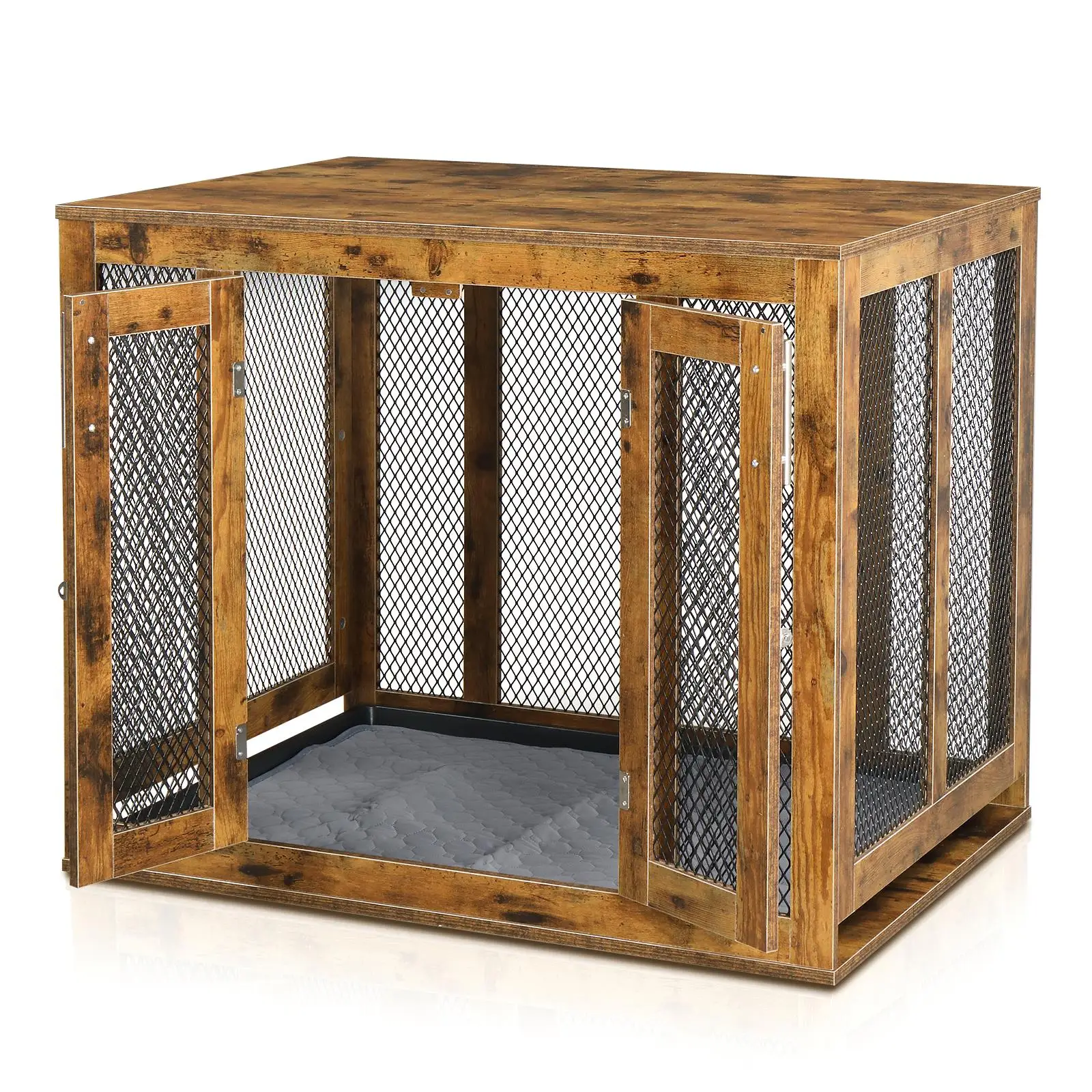 Modern Wooden Dog Crate with Tray for large Dogs - Stylish Indoor Puppy Kennel & Side Table, Rustic Brown