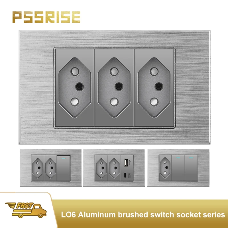 

PSSRISE Gray Aluminium Wire USb Type C Brazil Standard Outlet Plug 118mm*72mm Wall Power Socket Light Switch Contacts Buttons