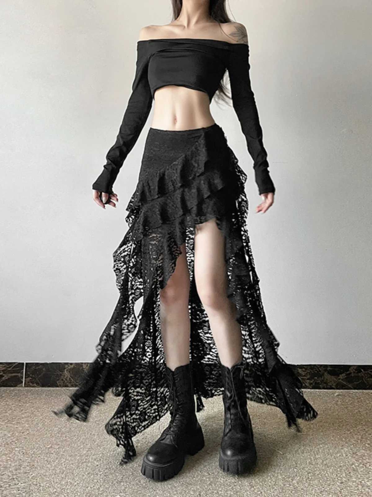 القوطية Sle الدانتيل عالية الخصر غير المتكافئة تنورة طويلة المرأة ميدي تنورة الشرير نكهة غريبة سنور شخصية الإبداعية Faion #3