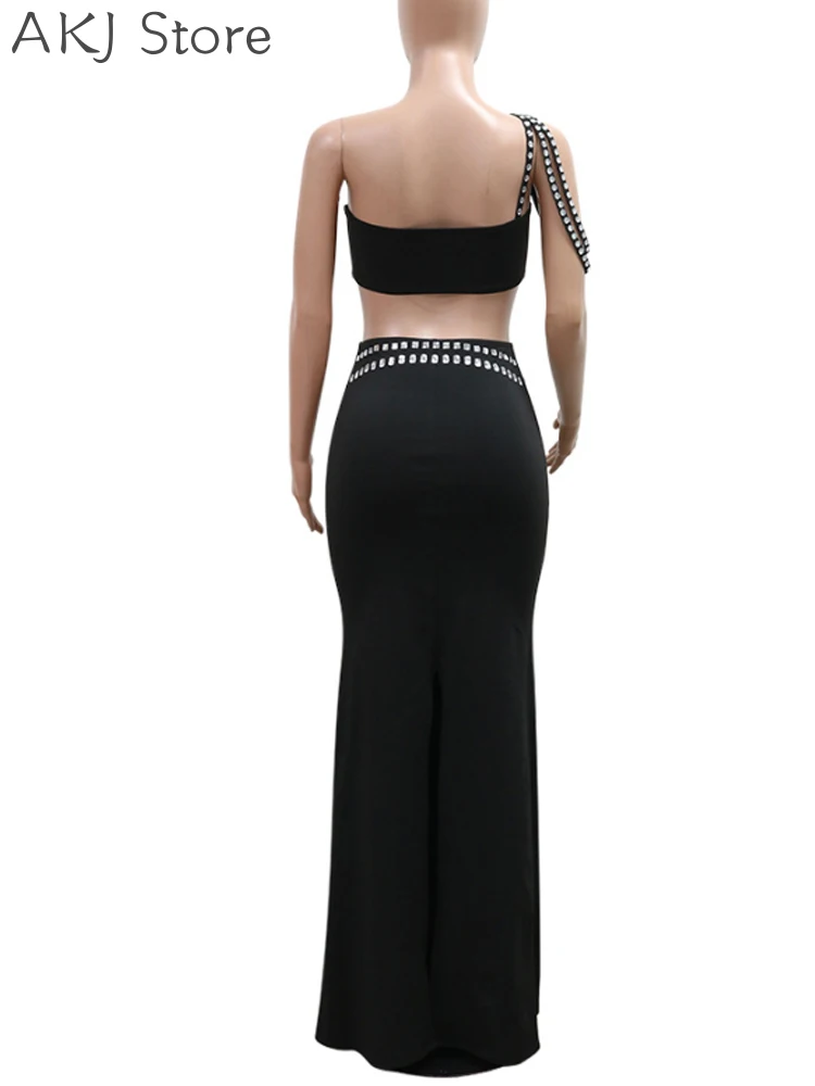 Women 2 Pcs Set Sexy Solid Color Sleeveless Rhinestone Top and High Waist Bodycon Skirt