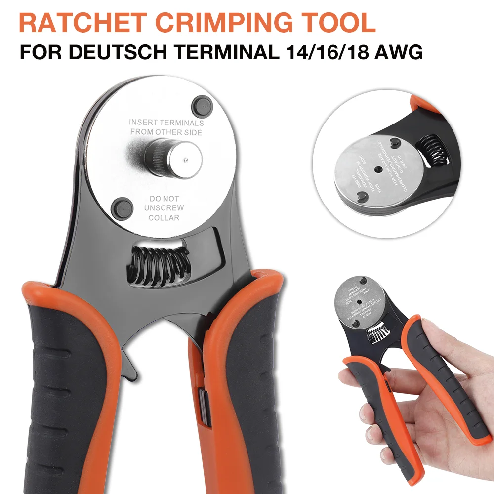 

14/16/18AWG Deutsch Crimp Tool, обжимной инструмент с закрытым корпусом, для клемм Deutsch, 4-сторонний обжим, храповой механизм на 8 зажимов, для ремонта автомобилей и электрооборудования