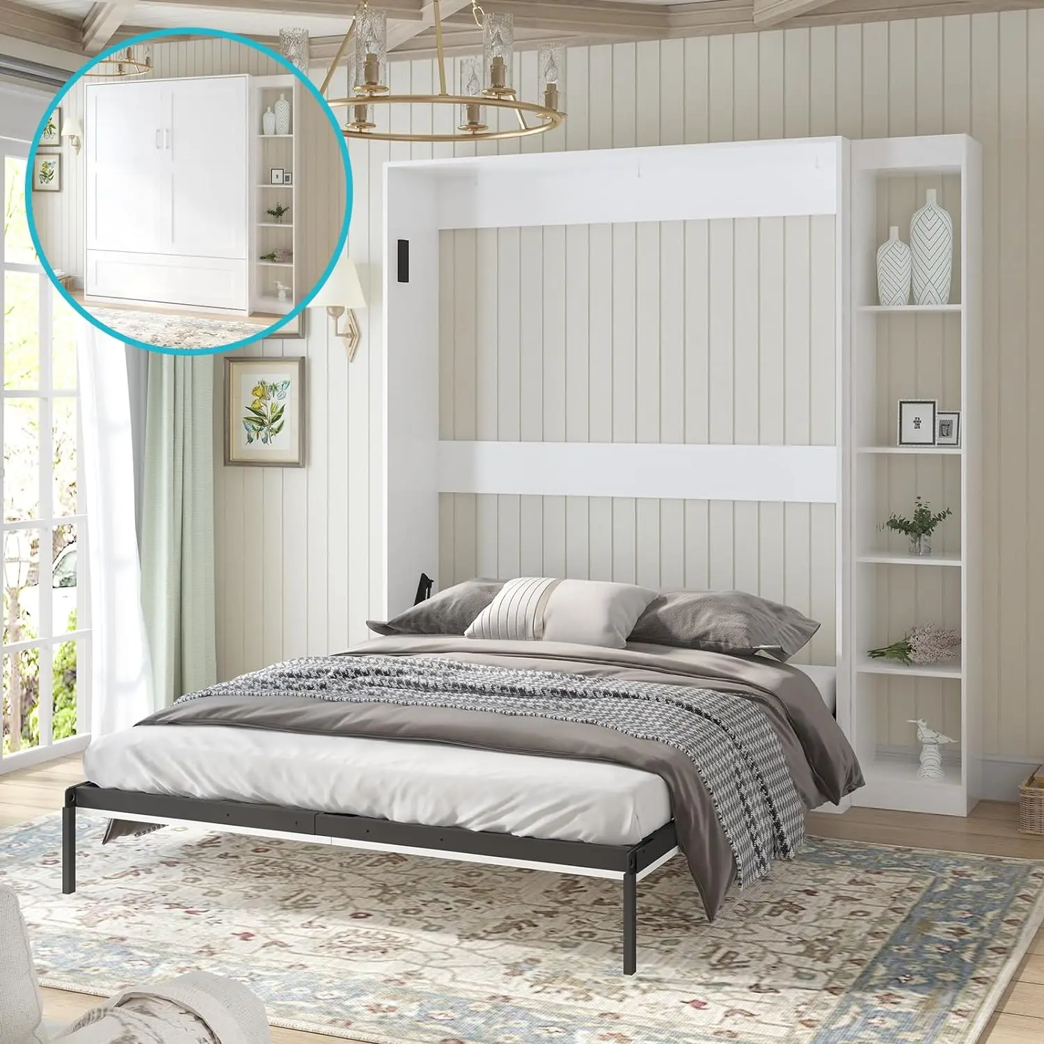 ￥%OEM Custom Small Apartment Hotel Furniture Queen to Wall Bed With Storage Shelves Murphy Bed