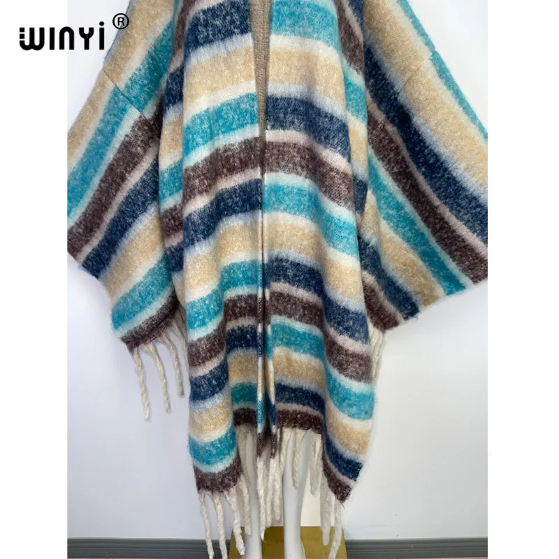 WINYI Winter kimono Women tassel Cardigan coat Loose Christmas dress robe longue Thick Warm loose stripe printing party Kaftan