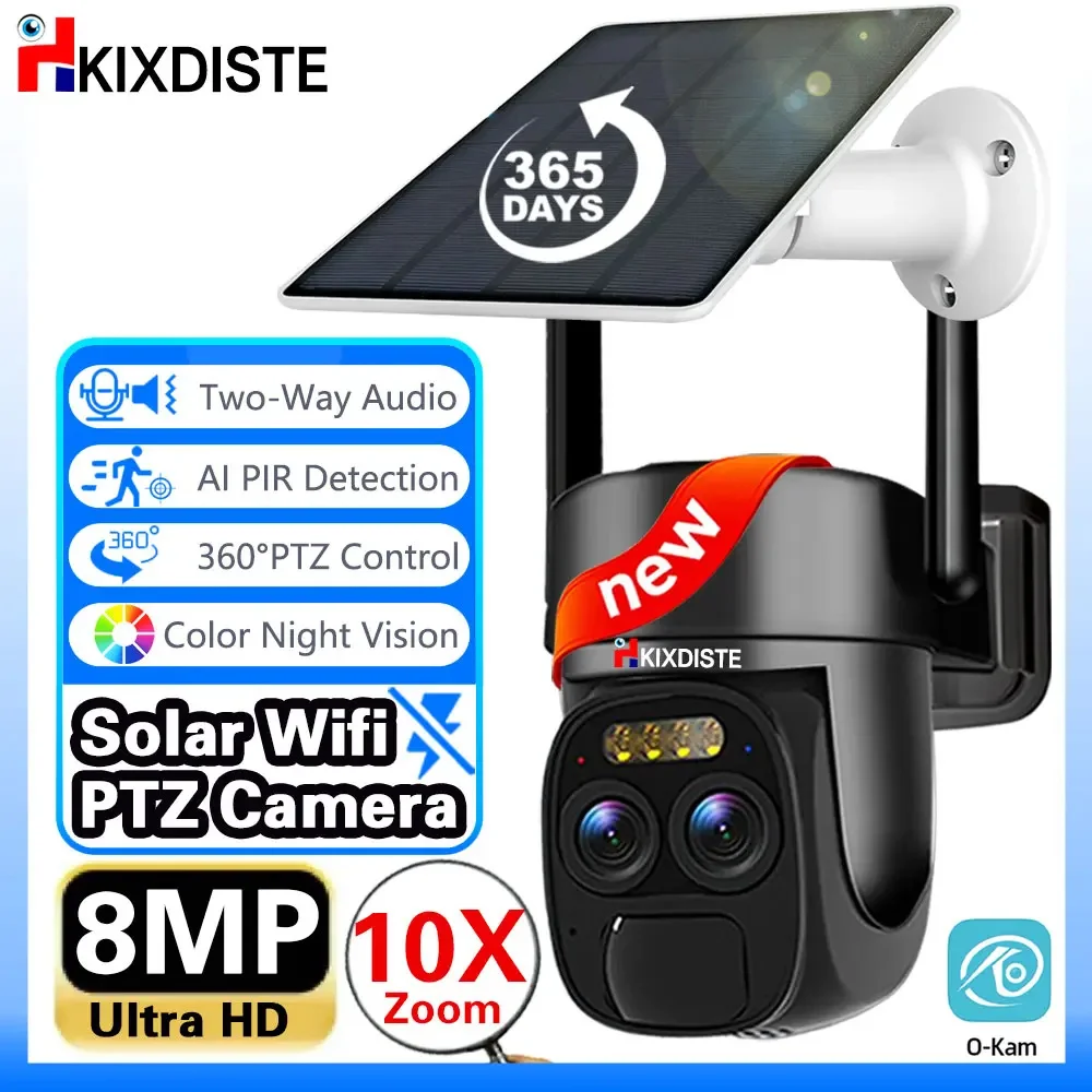 

4K 8MP Wireless Solar IP Camera 10X Zoom Outdoor Dual Lens Color Night Vision Battery Powered Wifi PTZ Security Surveillance Cam