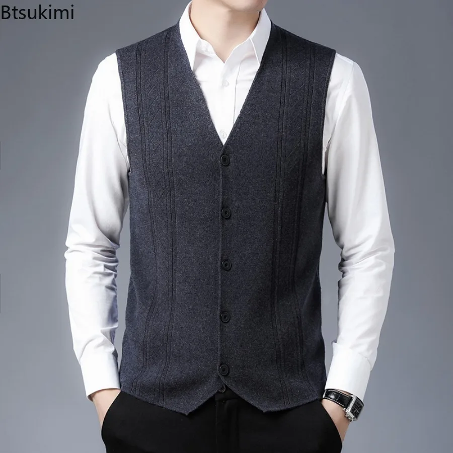 2025 Men's Knitted Sweater Vest Luxury Soft Wool Sweater Casual Style Single-breasted V-neck Cardigan Vests Fashion Men Clothing