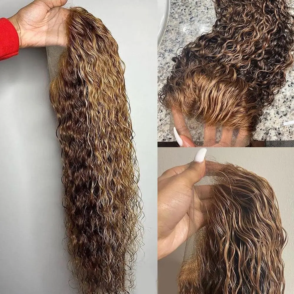 Peluca frontal de encaje rizado Rubio para mujer, pelo de bebé, sintético, prearrancado, resistente al calor, largo, 26 ", suave, sin pegamento