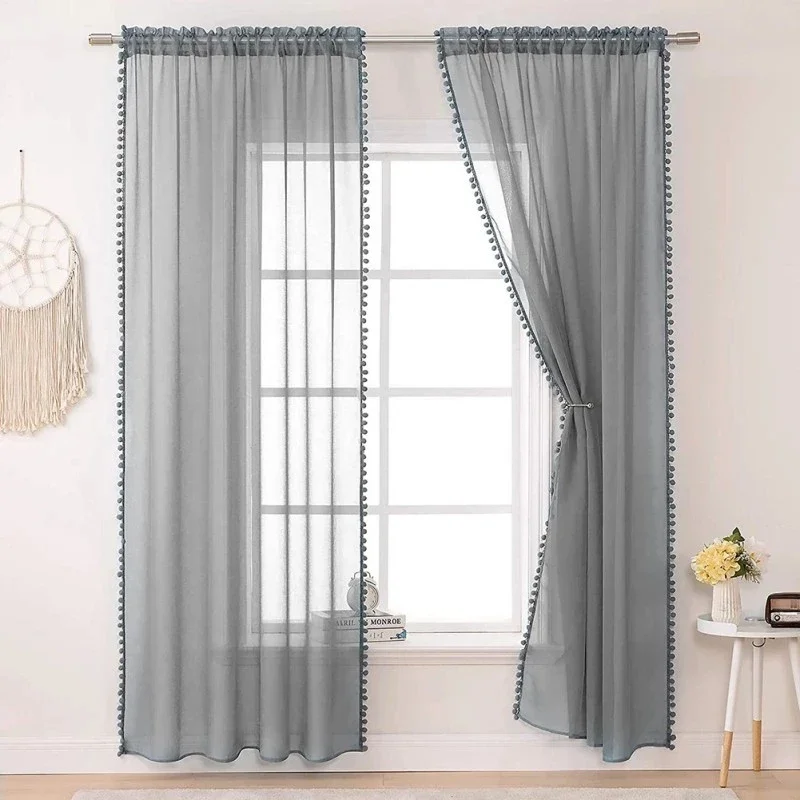 White Pom Pom Tasseled Sheer Curtains for Bedroom Farmhouse Faux Linen Semi-Voile Transparent Bay Window Drapes Panel