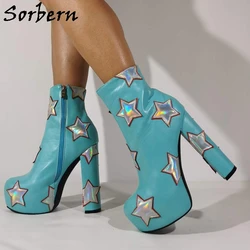 Sorbern stivaletti verde menta donna argento Holo Stars Block tacchi alti scarpe con plateau invisibili stivaletti corti Unisex di grandi dimensioni