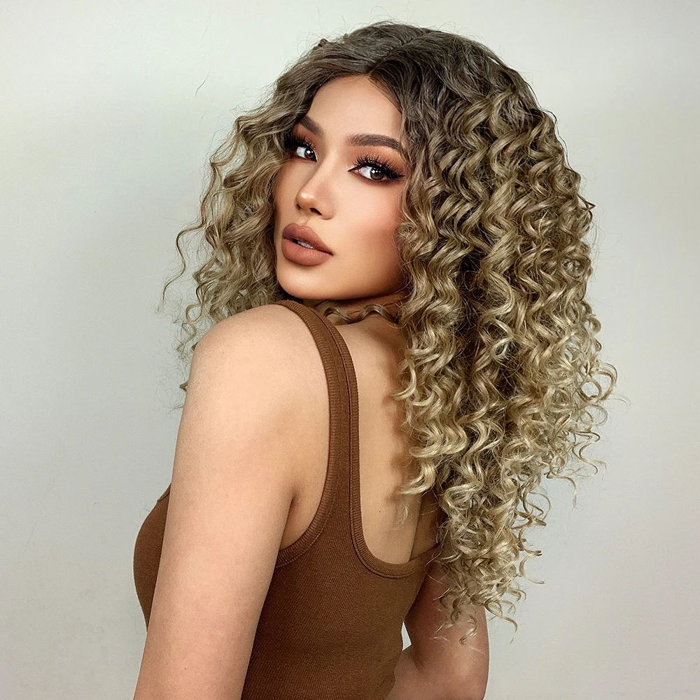 Długie kręcone syntetyczna koronka peruki brązowy blond Highlight 13*1 t-middle częściowo koronka peruka dla czarnych kobiet Cosplay Afro kręcone