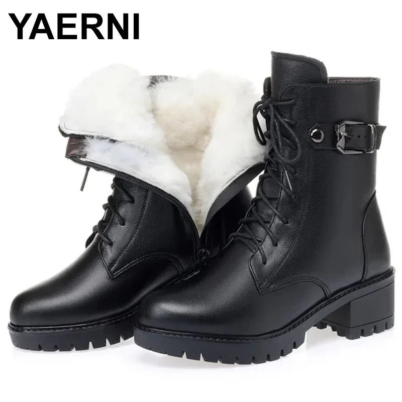 Genuine Leather Cow Wool Winter Warm Women Ankle Boots Chunky Heel Platform Motorcycle Lace up Motor Booties Footwear