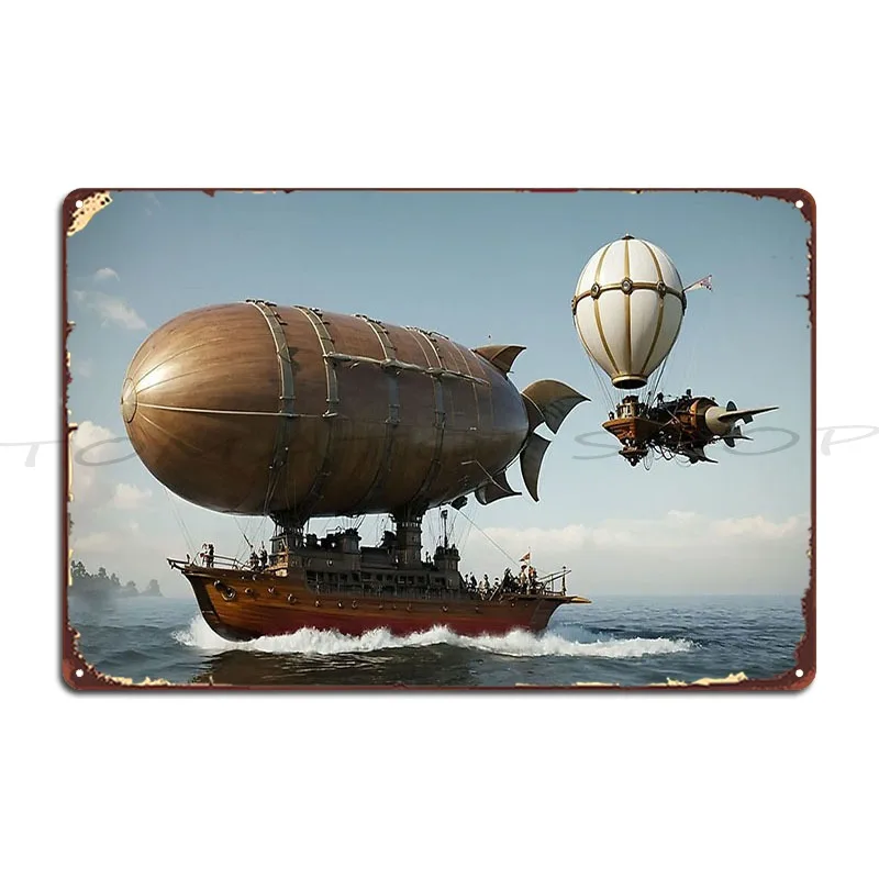 Steampunk Wooden Airship Sailing The Ocean Metal Sign Classic Funny Bar Club Design Tin Sign Poster