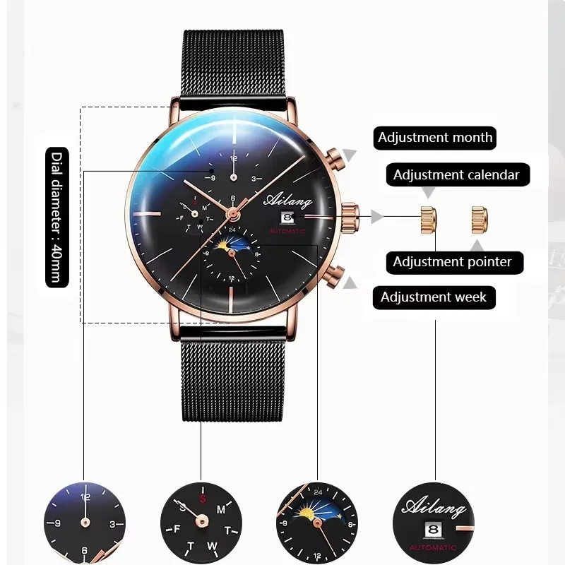New AILANG Top Design Automatic Watch Mechanical Diver Diesell Watch Stainless Steel Calendar Moon Phase Multi-functional