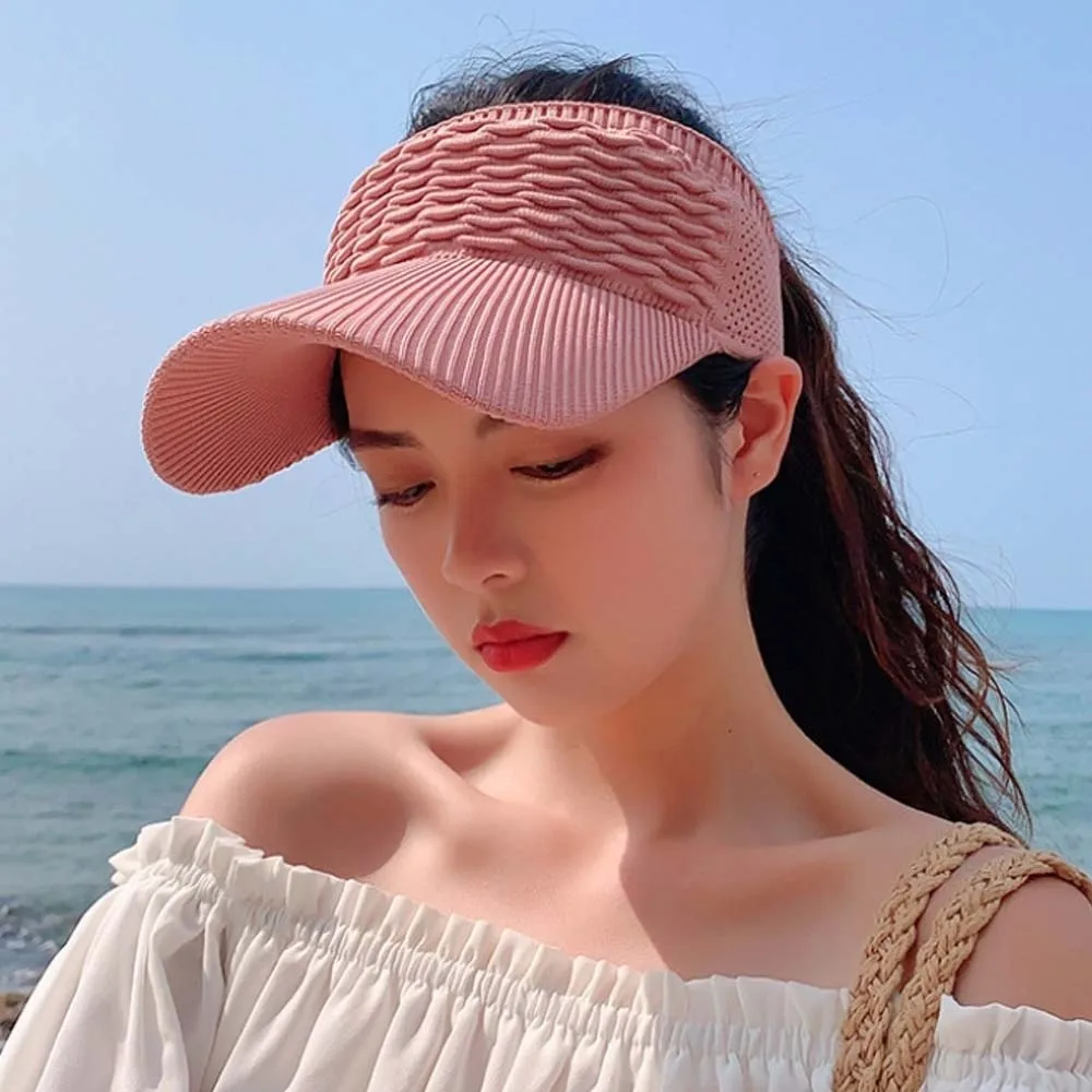 Portable Fish Scale Knitted Visor Cap Solid Color Breathable Long Brim Sun Cap Versatile Polyester Sunscreen Empty Top Hat