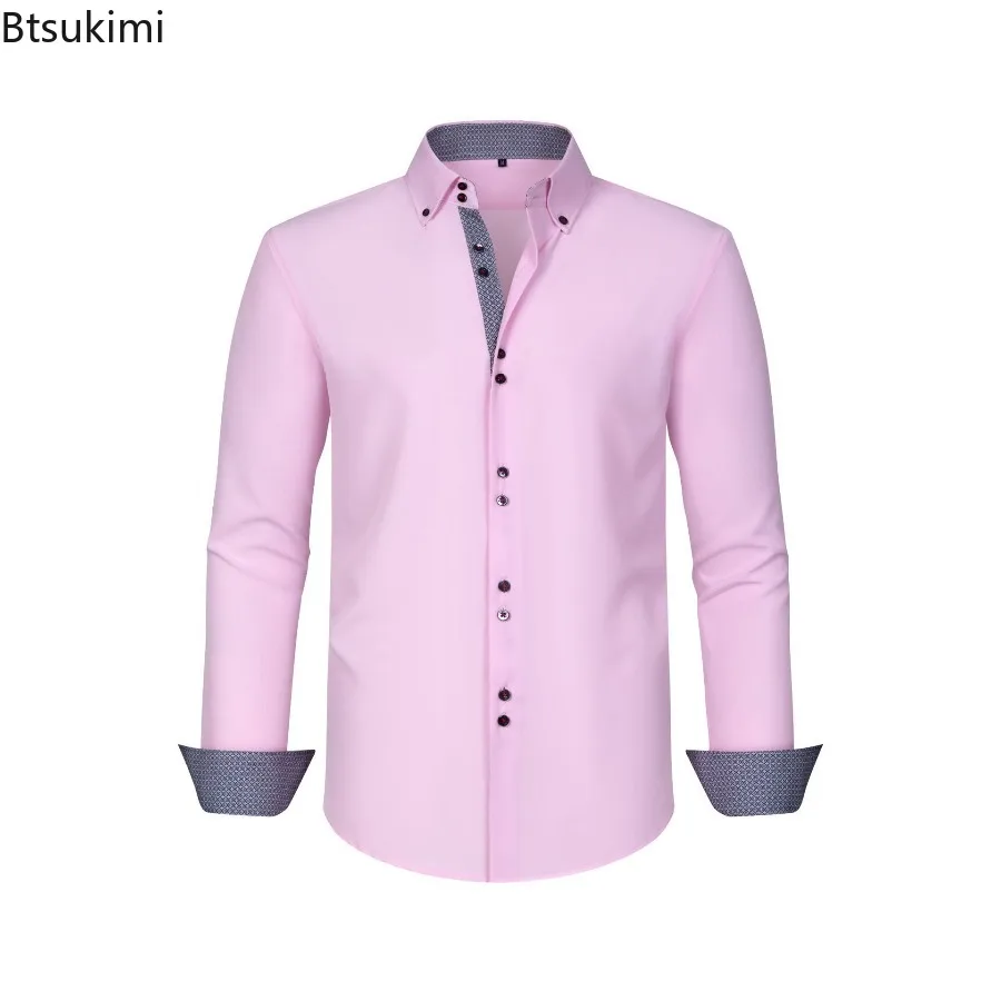 Men's Four Sided Elastic Solid Double Breasted Shirt Spring Autumn Casual Long Sleeved Shirt Loose Version Color Blocked Tops