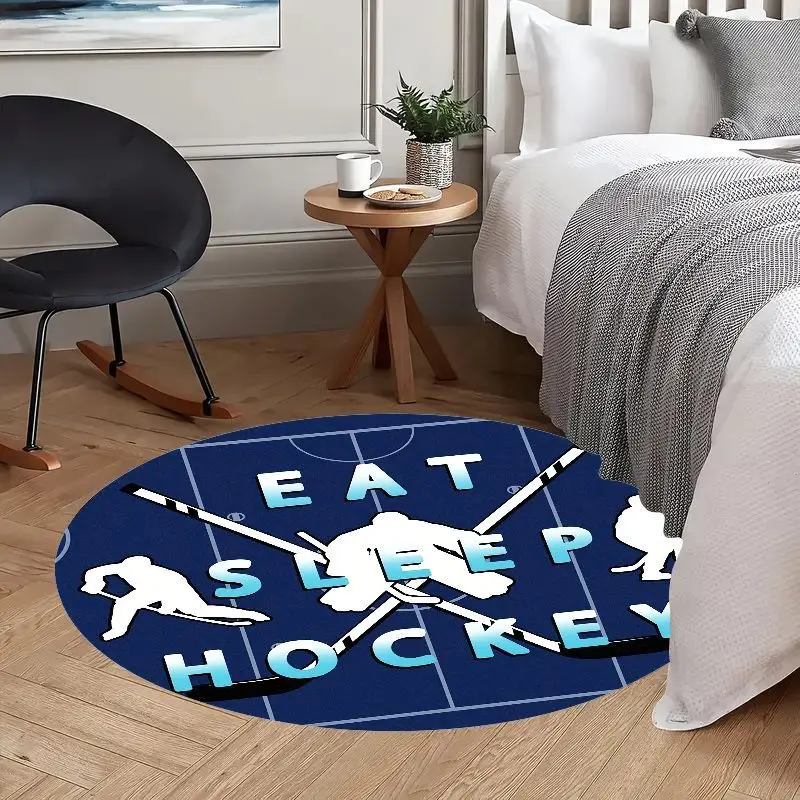 Eat Sleep Hockey Round Rug Flannel Sports Fan Gift Ice Rink Silhouette Stick Puck Design Boys Room Man Cave Floor Mat Durable