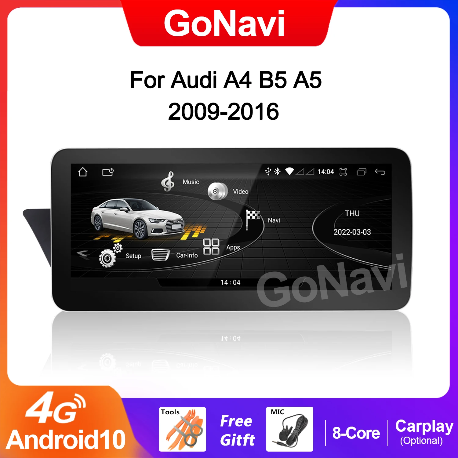 

Автомагнитола GoNavi 12,3 дюйма, Android 10, для Audi A4, B5, A5 2009-2016, Wi-Fi, SIM, 1920*720, 8-ядерный процессор, 8 + 128G Carplay, GPS, навигация, стерео