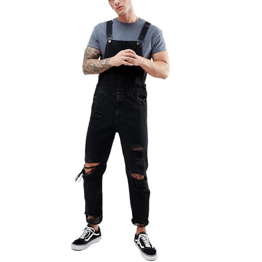 

Men's High Street Ripped Denim Bib Overalls Fashion Streetwear Destroyed Jeans Jumpsuits Distressed Suspender Pants For Male