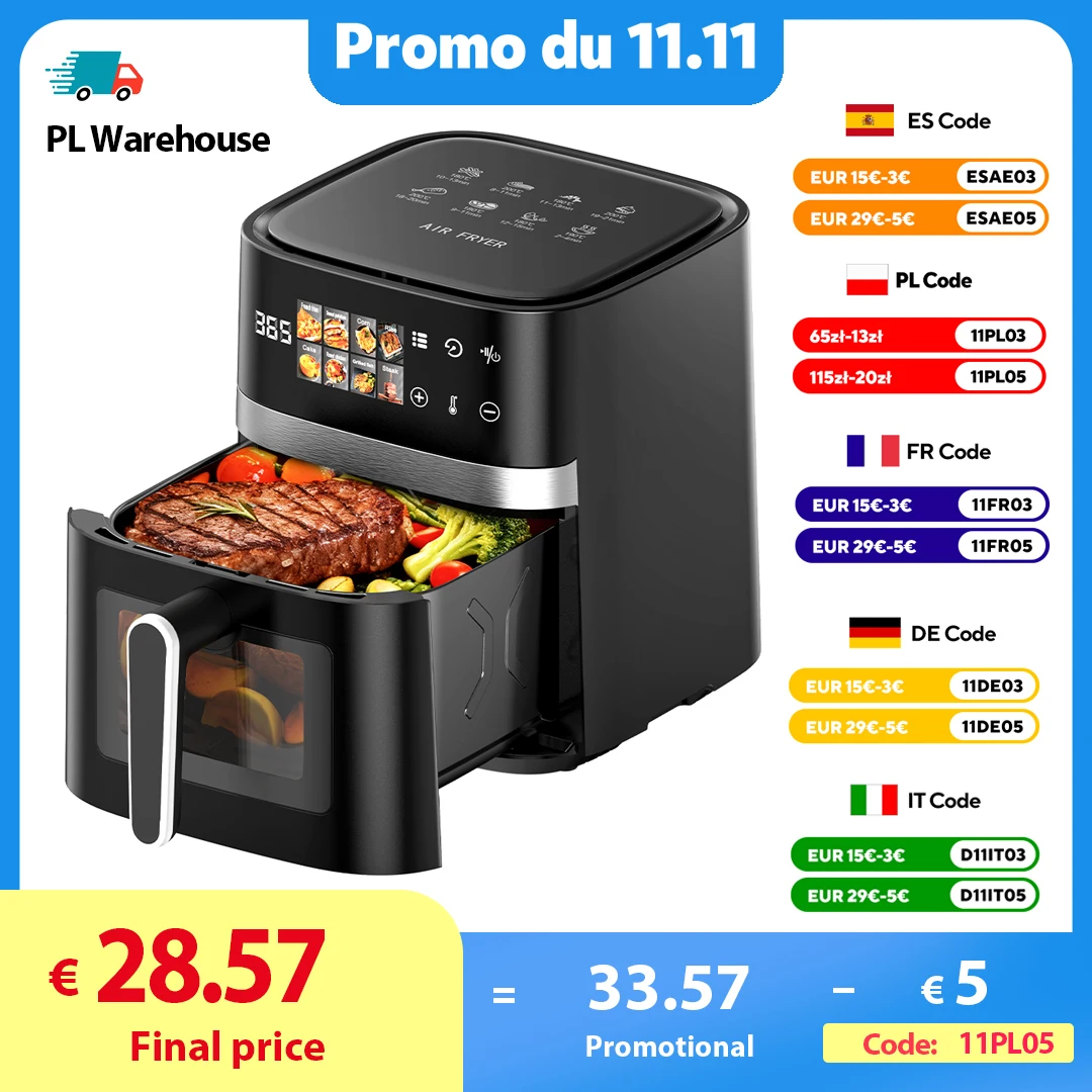 Friteuse à air Patbrela 5,5 L 8 en 1 Max 200 ° Four à friteuse électrique C, cuiseur sans huile avec commande tactile, panier antiadhésif et fenêtre visible