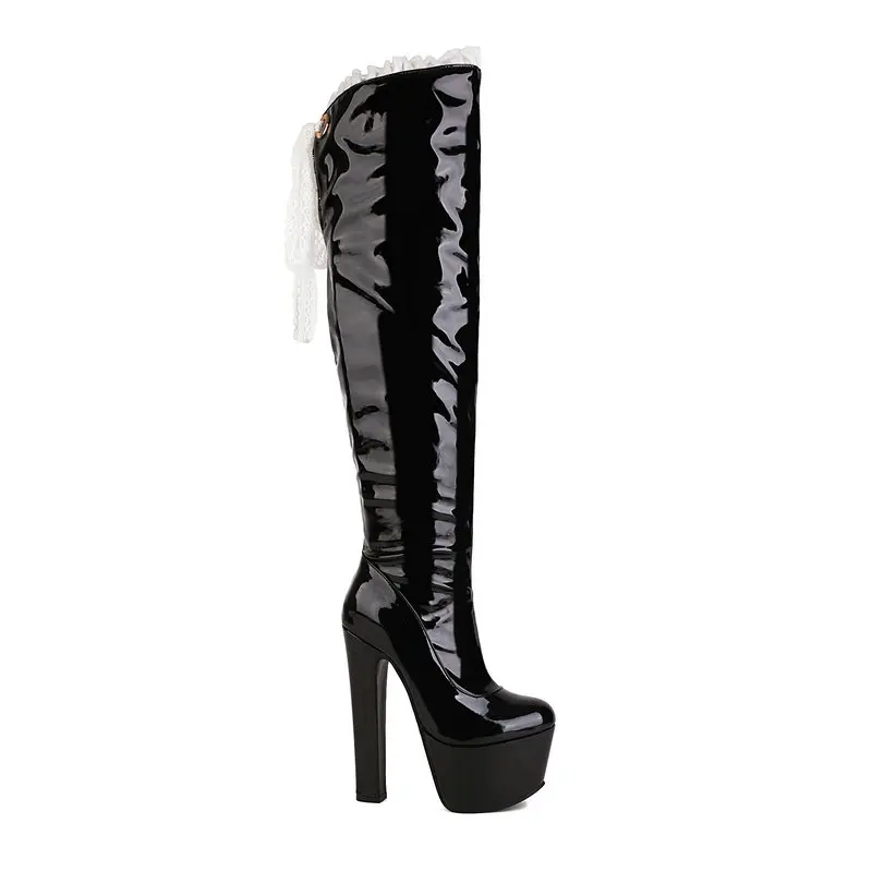 Patent Leather Sexy Stripper Club Extreme High Heels Platform Womens Overknees Thigh Long Over-the-knee Boots With Lace Ruffles