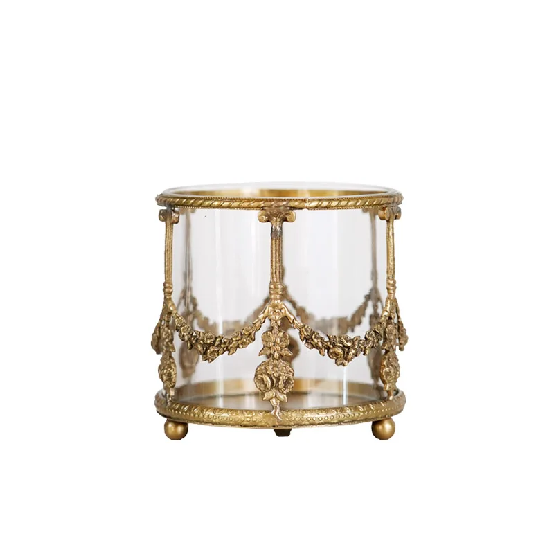 European Retro Carved Brass Glass Storage Bucket Makeup Brush Pen Holder Desktop Light Luxury Ornament