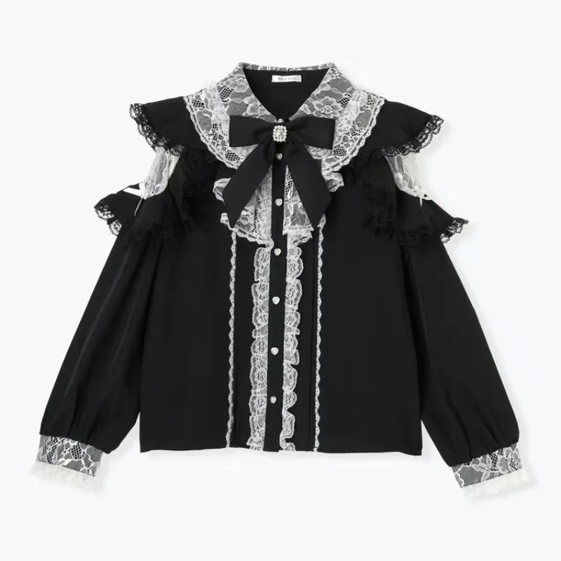 Y2k الأبيض لوليتا قميص المرأة موضة جديدة الدانتيل Blusas Mujer الخريف ثقافة فرعية بلوزات غير رسمية الوردي القوس قمصان قمصان دي