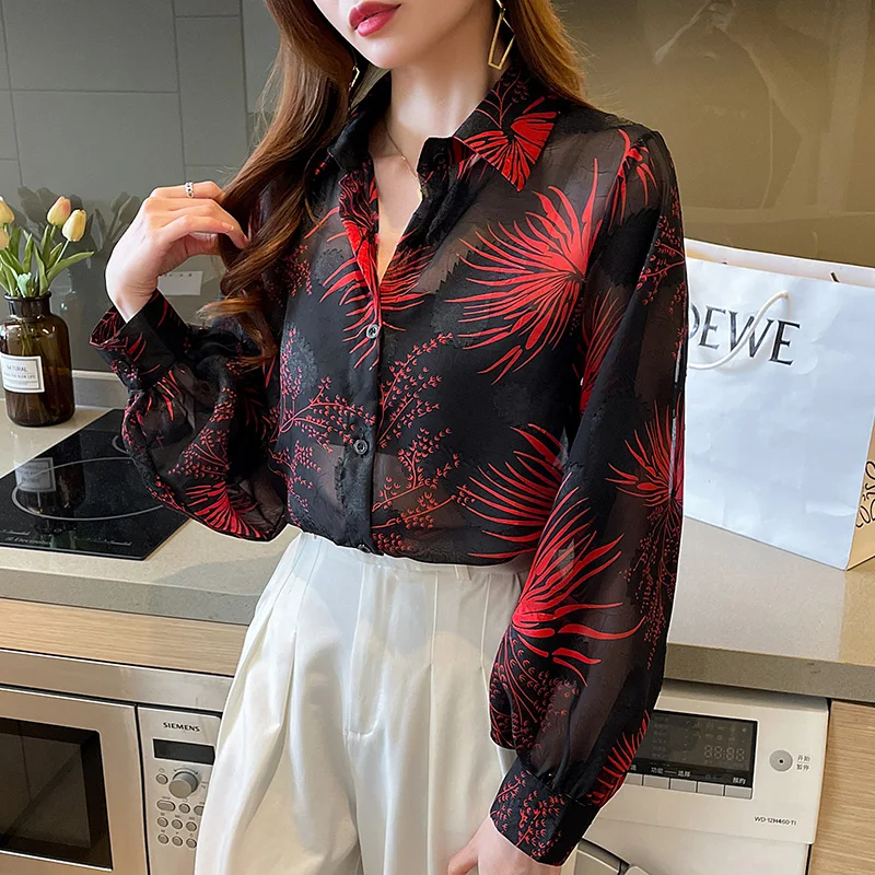 Women Korean Fashionable Loose Printing Perspective Polo-Neck Long Sleeve Shirts Women Clothes Casual All-match Appear Thin Tops