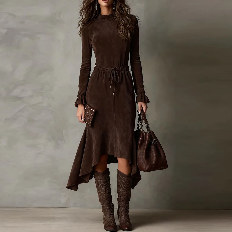 New Autumn Winter Women Long Sleeve A-Line Midi Dress Women Elegant Drawstring Stand Collar Simple Party Dress Lady Office Dress