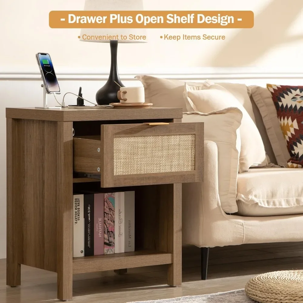 Rattan Nightstand Farmhouse Night Stands with Charging Station Bedside Table with Drawer Boho End Table with image 5