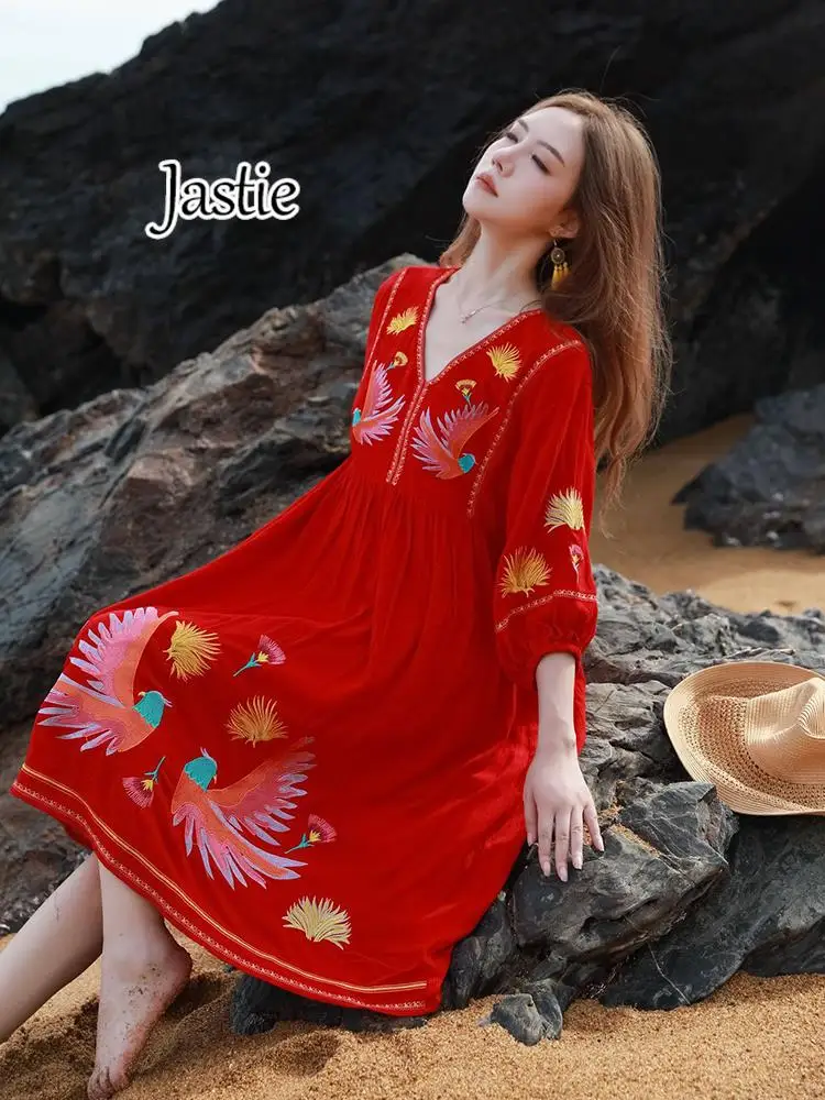 Jastie Bohemian Vacation Seaside Long Dress 2024 Spring And Summer Ethnic Embroidered Beach Dresses Loose Casual Women's Dress