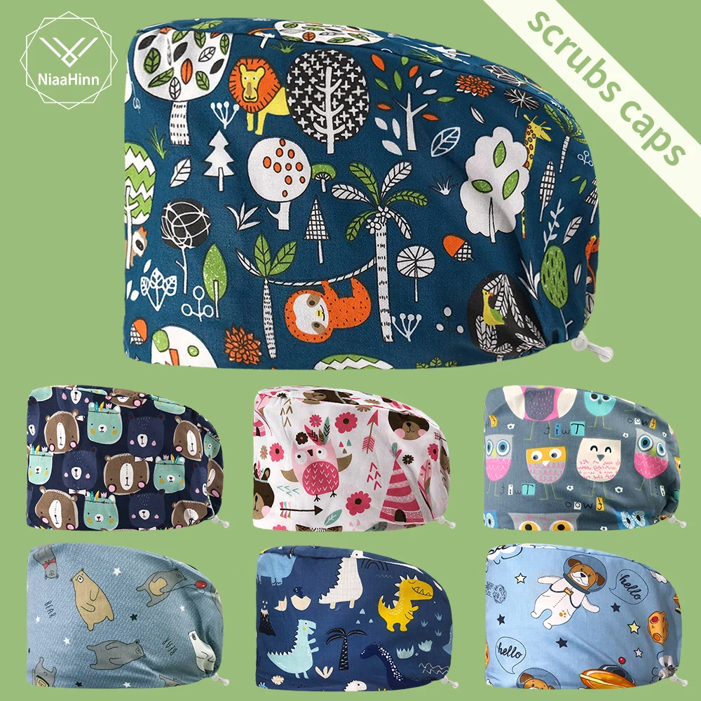 100%cotton Cartoon Print Nutritionist Dust Hat Sanitary Scrub Caps Pet Grooming Doctor Work Cap Female Scrub Hat with Sweattowel